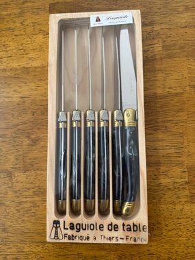 Laguiole Black Handle 6-Piece Steak Knife Set with Brass Accents
